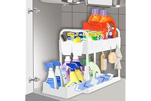 MROOYI Organizer Sottolavello Cucina 2 Livelli, Organizzatore sotto Il Lavandino Bianco,Scorrevole Scaffale Portaoggetti con 2 Tazza appesa e 4 Ganci, Estraibile Cassetti per Bagno