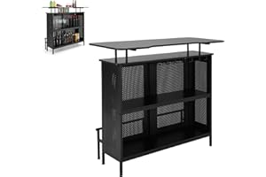 GiantexUK Liquor Bar Table, 4-Tier Wine Bar Cabinet with Storage Shelves, 3/6 Glass Holders, Metal Front, 6/7 Adjustable Feet & Footrest, Home Bar Furniture for Cafe Kitchen Bistro (Square)