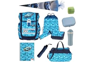 Familando McNeill Jungen Schulranzen-Set 12-TLG. Ergo Complete Race Auto Ranzen 1. Klasse mit Sporttasche Nestler Schultüte 85cm und Regenschutz | Komplett-Paket für die Einschulung