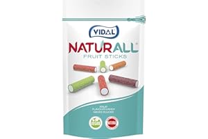 Vidal Golosinas. Naturall Fruit Sticks. Trocitos de Regaliz Vegano Pica con colorantes y aromas Naturales. Sabores Fresa, Manzana, Cereza, Melocotón. Doypack 180 g.