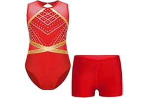 JanJean Enfant Fille Justaucorps De Gymnastique Sans Manche Léotard & Short Combinaison De Danse Yoga Sport Jogging Sportwear 3-14 Ans