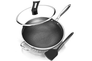 BIGNOSEDEER Wok 32 cm hybrydowa patelnia do smażenia ze stali nierdzewnej, nieprzywierająca, z pokrywką i szpatułką, która pozostaje zimna, indukcyjna patelnia do smażenia, kompatybilna z elektrycznymi płytami