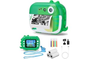 SYVORY Aparat dla dzieci, aparat natychmiastowy, dinozaur, zabawka z wideo HD 1080p, aparat cyfrowy 2,4", aparat cyfrowy dla dzieci, z papierem do drukowania, karta TF 32 G, dla dziewcząt, chłopców, Boże