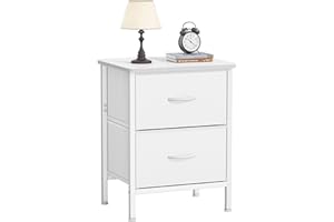 HOMIDEC Mesita de Noche Alta de 55 cm, Mesa Auxiliar con Estructura de Metal y 2 Cajones de Tela de Gran Capacidad para Dormitorio, Sala de Estar, Color Blanco