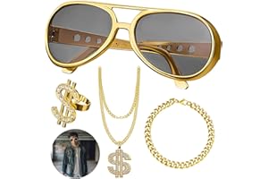 Giugio 4 Stück Zuhälter Kostüm, 80er 90er Jahre Outfit Herren Hip Hop Kostüm, Dollar Kette Dollarzeichen Ring Rockstar Brille Rapper Set, Für Karneval Fasching Mottoparty Accessoires