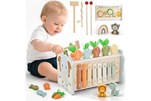 Almaxi Montessori Spielzeug ab 1 Jahr, 6 in 1 Holzspielzeug ab 1 Jahr, Motorikspielzeug mit Hammerspiel Angelspiel Xylophon Rotierendes Zahnrad, Kinderspielzeug Geschenk 1 2 3 Jahre Mädchen Junge
