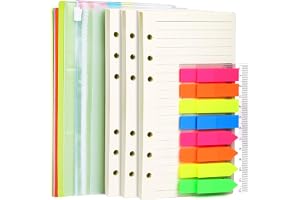 Leobro A6 Refill Paper, 3 Pack 45Pcs 6 Ring Loose Leaf 2 160Pcs Neon Page Markers, With Binder Pockets & Dividers, Lined Paper Refills For Planner Notebook Journal