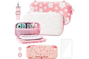 RHOTALL Rosa-weiße Cherry Blossom Tragetasche für Nintendo Switch Lite, Tragbare Aufbewahrungstasche für Switch-Zubehör mit Schutzhülle, Bildschirmschutz, verstellbarem Schultergurt und 2 Daumenkappen
