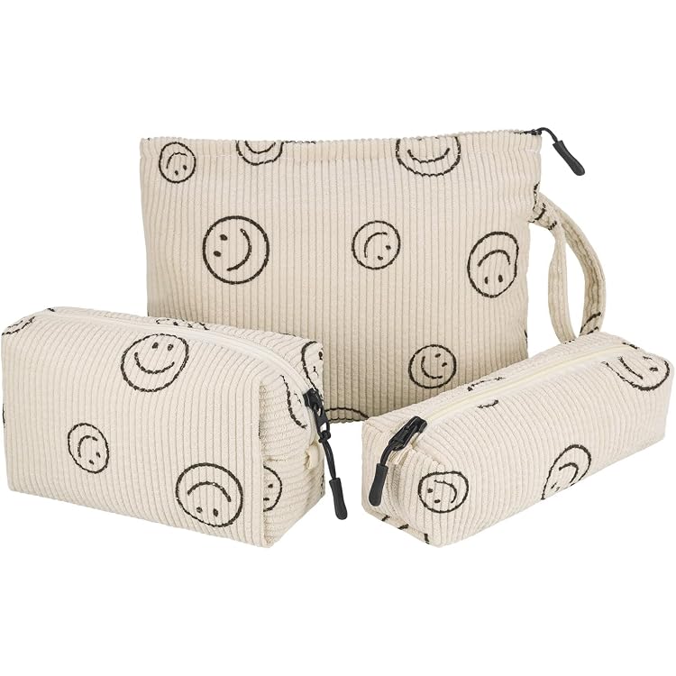 Damen Make-up-Tasche Aus Cord – Mit Smiley-Gesicht, Doppellagig, Reißverschluss, Perfekt Für Kosmetik & Accessoires