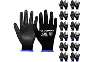 Velway Guanti da Lavoro Protettivi 12 Paia - Resistenti all'Abrasione - Fibra Poliestere con Rivestimento in PU - Versatile Protezione Meccanica Industriale Giardinaggio Montaggio - Nero Taglia 10/XL