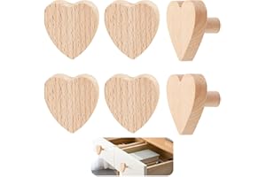 eModwey Gałki do szafy, 6 sztuk gałek w kształcie serca do szafy z wysokiej jakości litego drewna o naturalnej teksturze, do mebli w kuchni, sypialni i salonie, łącznie ze śrubami montażowymi