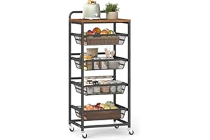VASAGLE 5-Tier Storage Trolley with Pull-Out Baskets, Kitchen Shelf with Wheels, Handle, 31.7 x 40 x 95 cm, Rustic Brown and Ink Black LRC041K01