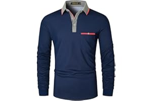VMSUCIJ Polo Hombre Premium Manga Larga con Contraste de Color Elegante Estilo Elegante Camisa Deportiva con Bolsillo Real