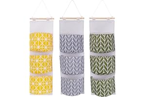 Puedno 3 PCS Wall Hanging Storage Bag with 3 Pockets, Waterproof Linen Fabric Wall-mounted Storage Organizer, Over the Door Closet Storage Hanging Pocket for Bedroom Bathroom (Gray+Green)