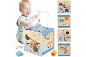 Ecofocet Cubo attività Bambino 6 in 1 in Legno, Giocattolo Montessori Educativo con Labirinto di Perline, Puzzle, Specchio e Forme, Motricità e Sviluppo Cognitivo, Regalo Bambino Bambina 12+ Mesi