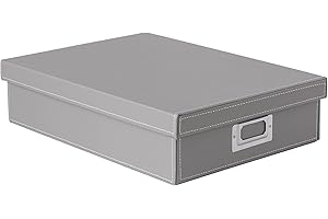 OSCO Grey Faux Leather A4 Box with Lid | A4 Filing | Paperwork Organiser | Document Storage | H8.5 x W25 x D33.5 cm |