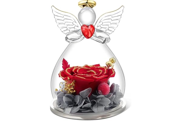 Qinqinxin Cadeau pour mère : Figurine d'ange, rose éternelle, dôme en verre, ange, rose infinie