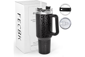 FECBK Thermobecher mit Strohhalm und Henkel 1,2L, 100% Auslaufsicherer Trinkbecher, Edelstahl Vakuumisoliert Kaffeebecher mit Griff, Hält 12 Std Heiß/34 Std Kalt, Vollschwarz Leopard