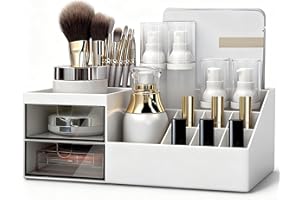 NWK Makeup Organiser Large Cosmetic Brush Holder Display Storage Box Bag Bathroom Dresser Desk Office Storage Organizer with 2 Drawers and 11 Compartments (White)
