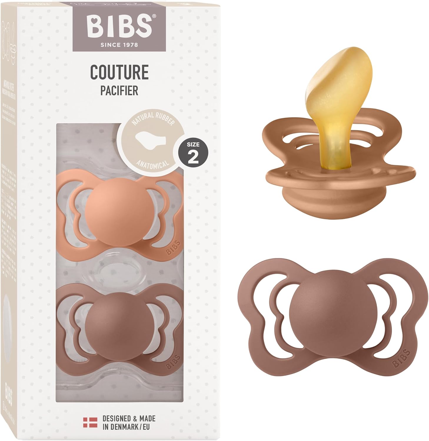 BIBS Couture Soother 2-Pack, BPA Free Dummy Pacifier, Anatomical Nipple. Natural Rubber Latex, Size 2 (6-18 Months), Peach/Woodchuck