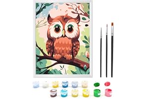 Zimrobin Malen Nach Zahlen ab 5 6 7 Jahre Mädchen und Junge, Malen Nach Zahlen für Kinder mit Rahmen 3 Pinsel und Acrylfarben, 18 X 24cm（Eule im Baum）