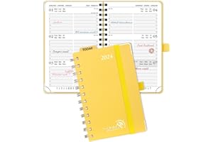 POPRUN Mały Kalendarz 2024 A6 Tygodniowy Książkowy 15,5 x 10,5 cm, Tygodniowy 2024 Planer, Stały Uchwyt na Pióro, Cewki Sztywny Okładka Ze Skóry Wegańskiej i Papier z Certyfikatem FSC®, Jasnożółty
