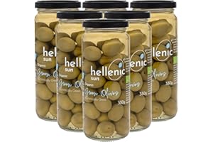 Hellenic Sun - Organic Green Whole Olives from Greece, 6 x 330g Packs, Nutritious & Fresh