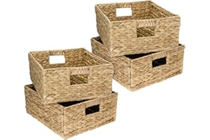 HMF Panier de rangement en osier tressé, jacinthe d'eau naturelle, boîte solide et décorative, panier osier rectangulaire compatible Kallax demi-étagère | Set de 4 | 30 x 34 x 15 cm