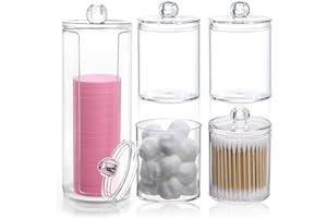 BOJVESH 5Pcs Acrylic Cotton Pad Holder, Q-Tips Cotton Swab Dispenser Apothecary Jar with Lid, Bathroom Cotton Wool Bud Organizer Clear Makeup Container for Vanity Storage Cotton Ball Cosmetic Pads Floss