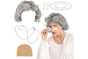 XEPST 7PCS Old Lady Wig Costume Set - Old Lady Fancy Dress Accessories Set with Granny Wig Glasses Faux Pearl Necklace Bracelet Earrings for Halloween Cosplay Carnival World Book Day, B