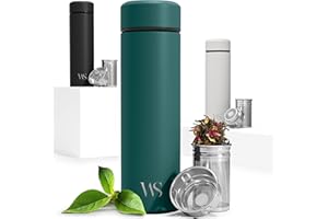 WILFORD & SONS Bouteille d’eau isotherme à infusion thé & fruits + infuseur à fruit + passoire thé sans BPA | Thermos 450ml en acier inoxydable isolé sous vide | Gourde bureau extérieur école voyage sport – Teal