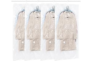 QH7 Vakuumbeutel zum Aufhängen, platzsparende Vakuumbeutel für Kleidung, Anzüge, Kleider, Mäntel oder Jacken, transparenter und wiederverwendbarer Schrank-Organizer mit 4 Stück, 145 x 70 cm