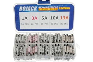 BOJACK 5 Values 100 pcs 1 3 5 10 13 A amp 240 V Volt Household Mains Plug Fuse 6.3x25 mm 0.25x1Inch BS1362 Ceramic Tube Cartridge Fuses Assortment Kit packag in a Clear Plastic Box