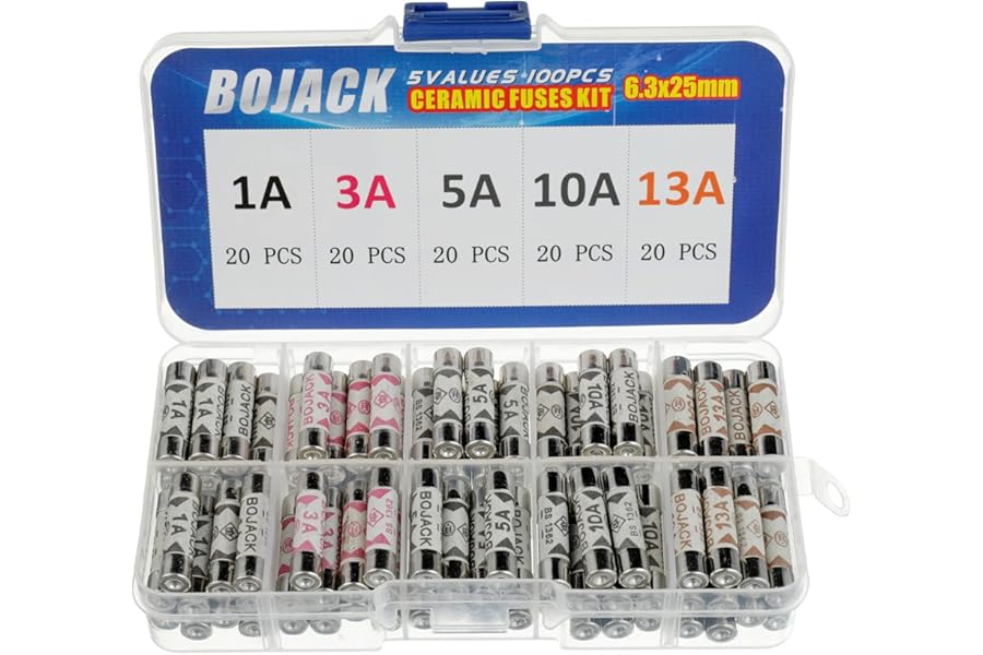 BOJACK 5 Values 100 pcs 1 3 5 10 13 A amp 240 V Volt Household Mains Plug Fuse 6.3x25 mm 0.25x1Inch BS1362 Ceramic Tube Cartridge Fuses Assortment Kit packag in a Clear Plastic Box