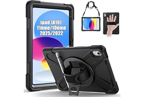 Gerutek Coque Antichoc pour iPad (A16) 11ème/10ème Génération (11/10.9 Pouces) 2025/2022, Coque pour iPad 10ème, Étui Robuste avec Support Rotatif à 360°, Dragonne et Bandoulière, Porte-Stylet, Noir