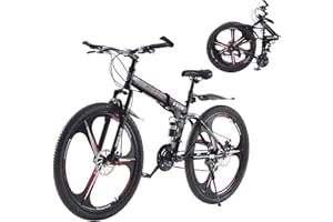 BSTSEL 24 26 27.5Inch Adult Folding Mountain Bike, Dual Suspension Mens Mountain Bikes with 3-Spoke Wheel, 21 Speed Mens and Womens Foldable Mountain Bicycle
