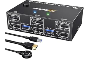 8K Displayport KVM Switch 2 PC 2 monitory 8K 30 Hz 4K 144 Hz, MLEEDA Dual Monitor KVM Switch z 4 portami USB 3.0 na 2 PC dzielenie klawiatury myszy, kabel zdalnego sterowania i kabel w zestawie