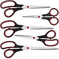 Scissors, Multipurpose Scissors with Sharp 2mm Thick Blades, Soft Grip Handle, Heavy Duty Stainless Steel Scissors for Home Offices Schools, Black & Red, 5 Size