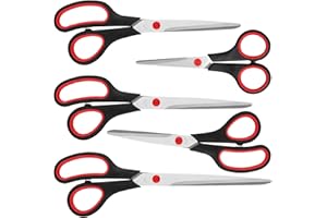 HMEUEST Scissors, Multipurpose Scissors with Sharp 2mm Thick Blades, Soft Grip Handle, Heavy Duty Stainless Steel Scissors for Home Offices Schools, Black & Red, 5 Size