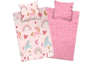 ‎AMINATA KIDS Aminata kids Biber Bettwäsche 135 x 200 Kinder Einhorn-Motiv Mädchen Flanell Baumwolle, Reißverschluss, Kinder-Wende-Bettwäsche-Set Unicorn, warm, weich & kuschelig, rosa pink, Flanellbettwäsche