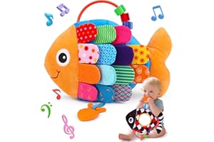 LYPSOCHAAT 2 in 1 Baby Spielzeug 0-3 3-6 Monate Musical Fisch Kuscheltier & Kontrast Spielzeug mit Greifling Rassel Spiegel Spielzeug, Baby Sensorik Spielzeug 0 3 6 Monate, Neugeborenes Junge Mädchen Geschenk