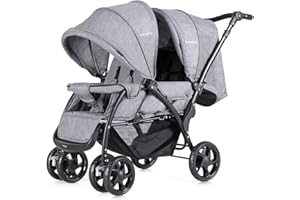 GYMAX Double Seat Stroller with Adjustable Push Handle, Detachable Canopy and Foot Rest, Foldable Baby Pushchair Buggy for Traveling, Going Shopping & Hanging Out (Grey)