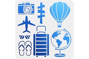 MAYJOYDIY Travel Theme Stencil, 30x30 cm, 8 Patterns with Camera, Hot Air Balloon, Aircraft Design for Wall, Furniture, Crafts
