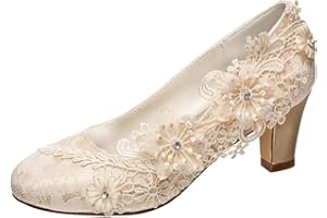 Emily Bridal Wedding Shoes Women's Silk Like Satin Chunky Heel Pumps with Stitching Lace Flower Crystal Pearl