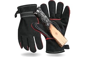 Mellbree Heat Resistant Gloves for Woodburner, Black Full Leather Heavy Duty Glove for Woodburners, Multi-Fuel Stoves, BBQs & Pizza Ovens