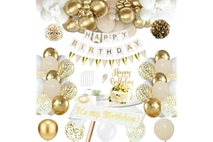 WLKQY Geburtstagsdeko Mädchen Frauen, Beige Weiß Gold Party Deko Luftballons, Happy Birthday Banner Girlande Decorations, Geburtstag Schärpe, Pompoms, Kuchen Topper für Mädchen Frauen Party Deko