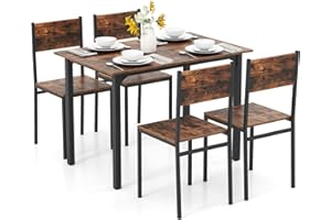 COSTWAY Dining Table and Chairs Set 4, Rectangular Kitchen Table and 4 Chairs with Wide Back & Foot Pads, Metal Frame Space Saving Dining Room Set for Home Restaurant (Rustic Brown+Black)