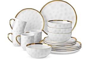 LOVECASA 'Apollo', 16 Piece Dinner Set, Stoneware Dish Set for 4, Kitchen Plates and Bowls Sets, Handmade Dinnerware Set with Gold Trim, Dishwasher Safe, White and Gold