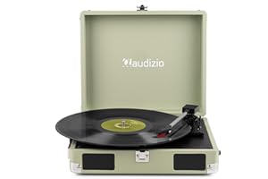 Audizio RP111G Briefcase Record Player Green – Retro Portable Vinyl Player with Built-in Full-Range Stereo Speakers, 3-Speed Turntable, Headphone & RCA Output, Green PU Finish