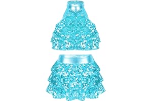 Jowowha Girls Sequins Dance Clothes Dress Sparkle Hip Hop Jazz Latin Dance Outfit Sleeveless Crop Top and Skirt